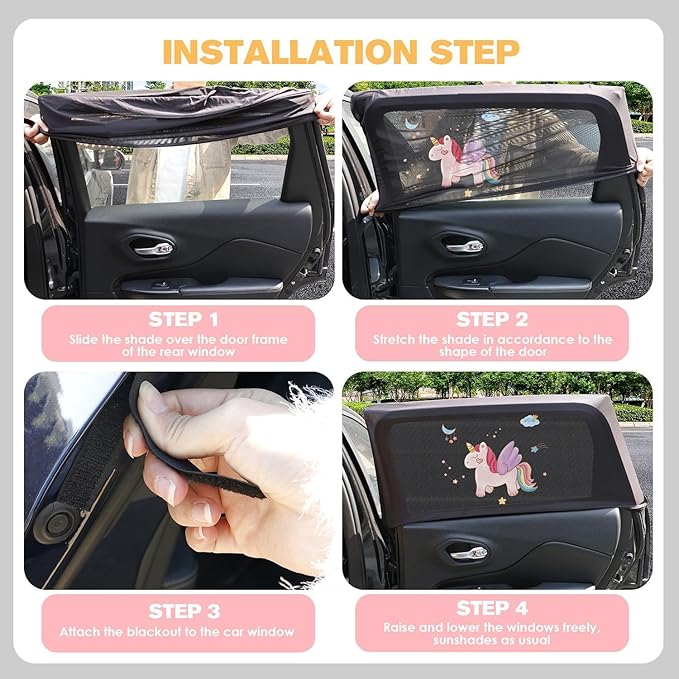 Car Window Shades for Baby, 2 Pack Car Sun Shades with UV Protection, Universal Fit Stretchable Side Window Sunscreen Sun Shades with Unicorn Motifs, Rear Window Shades for Kids