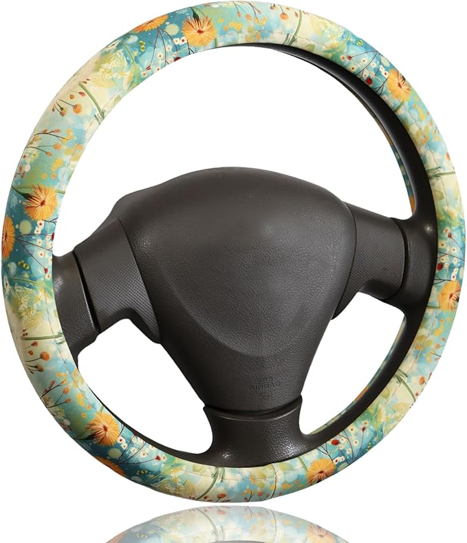 Dandelion & Wildflower Steering Wheel Cover for 14.5-15 Inch (37-38 cm) Wheels, Premium Fabric with Non-Slip Rubber Inner Ring (Dandelion & Wildflower)