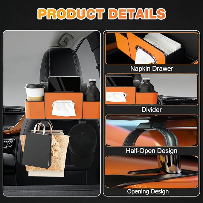 3-in-1 Car Backseat Organizer with Cup Holder,2026 New Multifunctional Car Seat Back Storage Box,Multifunctional Back Seat Car Organizer for Hold Phones,Snacks,Drinks,and Handbags(Orange)