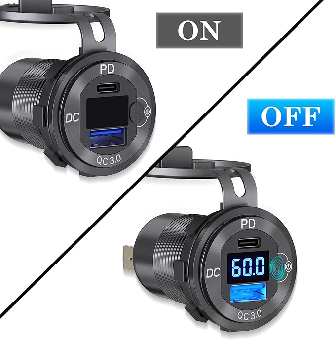 9V-60V USB Charger, 12V 24V 36V 48V 60V USB Outlet Aluminum Car Socket, PD 36W and QC 18W Car Port Outlet Waterproof Cigarette Lighter Replacement DIY Kit with Power Switch for Boat Golf Cart, etc.