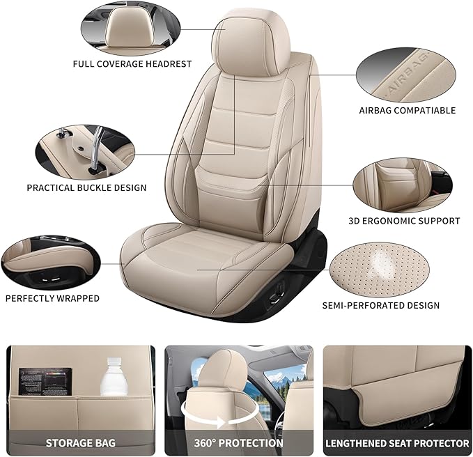 Car Seat Covers Full Set Custom Fit for Ford Edge 2007-2025 2026 - Luxury Faux Leather with Lumbar Support, Waterproof, Breathable, Anti-Slip, Easy to Install (Beige,Full Set)