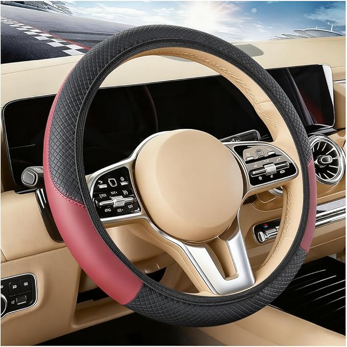 Car Steering Wheel Cover, Elastic Stretch Leather Non-Slip Vehicle Steering Wheel Guard, Automotive Interior Protective Decor Accessories, Universal for SUV RV Truck (Wine Red)