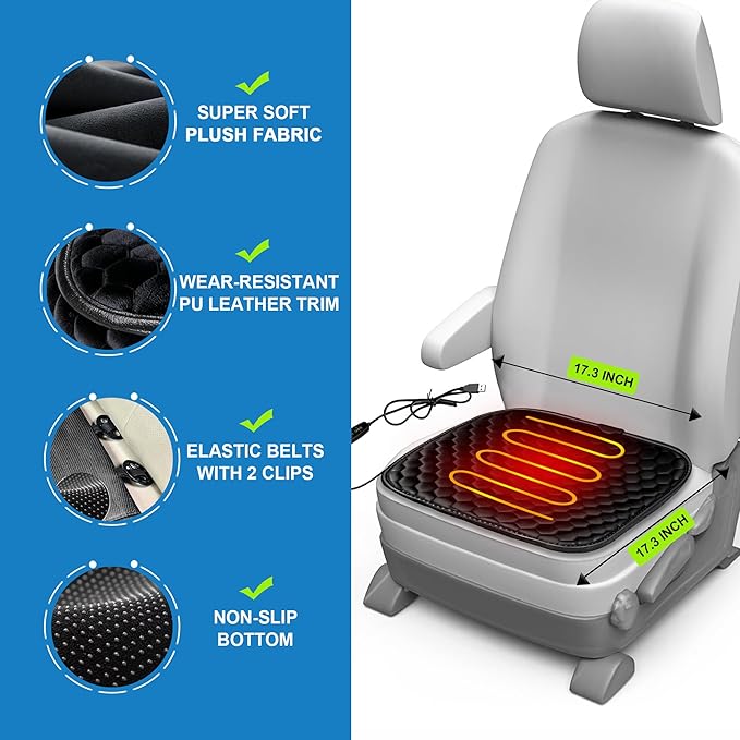 Plush Seat Cushion Pad, USB Comfortable Seat Cover for Car, Driver Seat Pad, Office Chair Seat Cushion, Chair Cushion with Non Slip Bottom (Black-4)