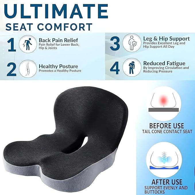 L-Shaped Memory Foam Seat Cushion with Lumbar Support-Ergonomic Car & Office Chair Cushion for Sciatica, Coccyx & Back Pain Relief Supports Hips & Back for Drivers & Long Sitting (Black Grey)