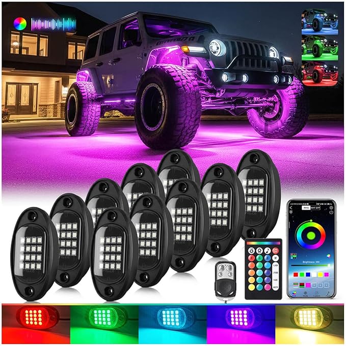 10Pods RGB LED Rock Lights for Jeep Trucks Golf Cart ATV UTV RZR SUV Offroad,Multicolor Underglow Light Kit with APP/RF Remote Dual Zone Neon Vehicle Accent Underbody Light 12V Waterproof