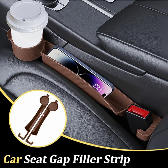 2PCS Car Seat Gap Filler, Soft Carbon Fiber Vehicle Between Seat and Console Organizer with Cup Holder, Prevent Falling Automotive Interior Chair Gap Plug, Universal Fit (Brown)