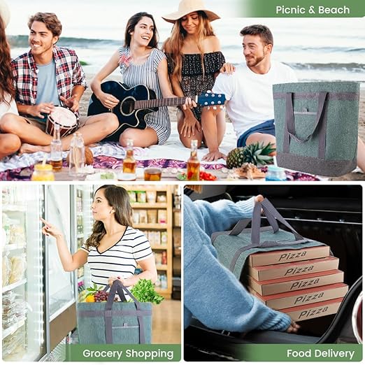 CIVJET Insulated Reusable Tote Bag for Grocery Shopping for Women/Men, Waterproof Cooler Bags for Travel/Beach/Picnic, Pizza/Food Delivery Bag to Keep Food Cold/Hot for Catering (Oxford Cloth, Green)