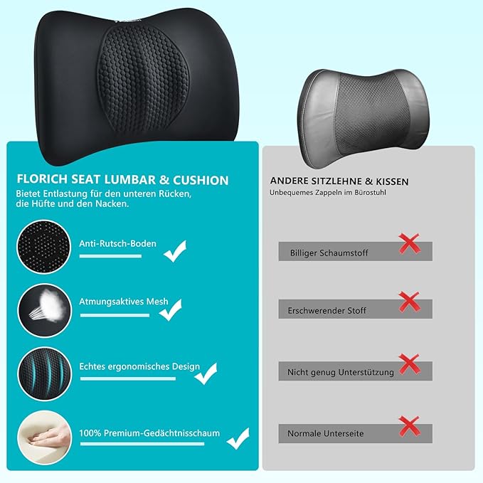 FLORICH 3 PCS Seat Cushion for Carseat Lumbar Support Pillow Car Neck Headrest Pillows Memory Foam Gel Memory Foam Massage Point Seat Pads Pressure Relief Back Cushion for Office Chair(Black)
