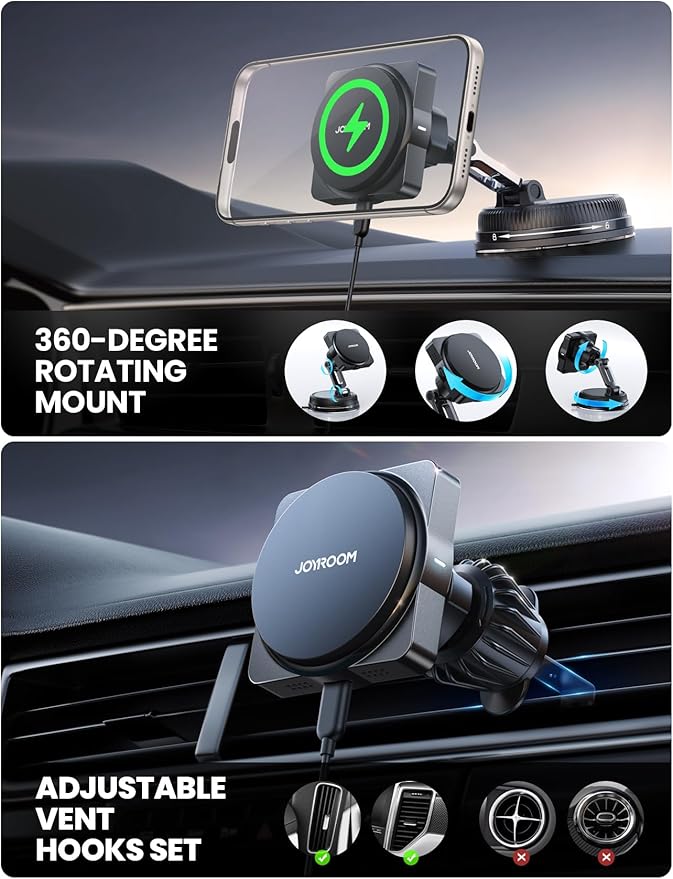 JOYROOM for MagSafe Car Mount Charger, [Smart Fingerprint-Touch Rotation] 15W MagSafe Wireless Car Charger[Vacuum & Gel 360° Base] Air Vent Dashboard Set for iPhone 17 16 15 14 13 12 Series, Black