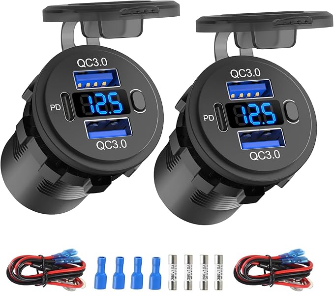 Hapytrip 2 Pack 12 Volt USB Outlet Dual Quick Charge 3.0 Port and PD3.0 USB C Car Battery Chargers Socket, Waterproof 12V Power Outlet Cigarette Lighter Replacement DIY Kit with Voltmeter and Switch
