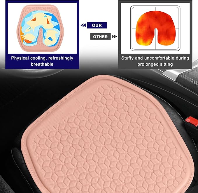Gel Car Seat Cushion, Non-Slip Breathable Automotive Front Seat Bottom Cushion Pad, Comfortable & Cooling Seats Cover Interior Mat for Sedans SUVs Trucks, Car Accessories (Pink)