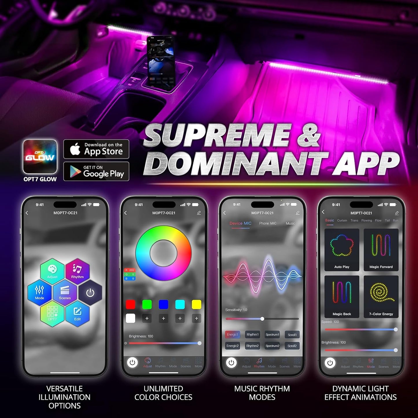 OPT7 Aura Pro Interior Car Lights with App & Remote Control, RGB Color Change, Music Sync Inside Ambient Lighting Kit, Car SUV Van Under Dash Decor, 12V Charger Adapter, 4PC Single Row LED Strip