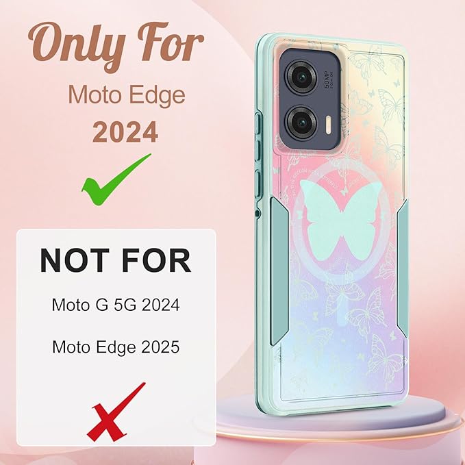 for Moto Edge 2024 Case - Compatible with MagSafe Women Girls Cute Magnetic Protective Phone Cover Girly Kawaii Pretty Butterfly Heavy Duty Shockproof Design for Motorola Moto Edge 2024 Cases