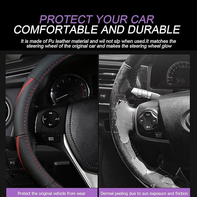 BELOMI Car Steering Wheel Cover, Anti Slip Leather Breathable Vehicle Protector, Comfortable Grip Automotive Interior Protective Guard Accessories, Universal for SUV, Sedan, Truck (Black/Red)