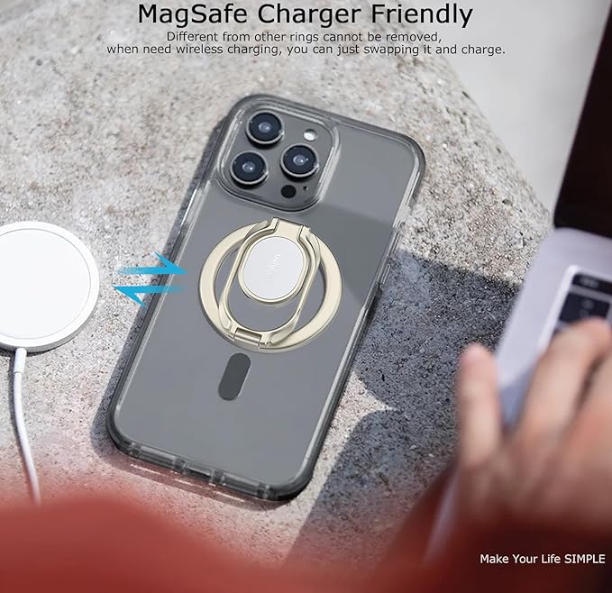 Doflyesky Magnetic Phone Grip for MagSafe Ring Holder, Metal Double Adjustable Gym Finger Ring Grip Kickstand, Removable Phone Grip for iPhone, iPad and Smartphones (Natural Titanium)