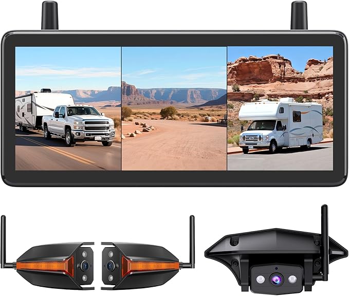 AUTO-VOX Wireless RV Backup Camera: Rear&Side View with 7.2” HD 1080P Triple-Split Screen Monitor, Dual Power USB/Car Charger, DVR Recording, Stable Signal Rear View Camera for Camper, Travel Trailer