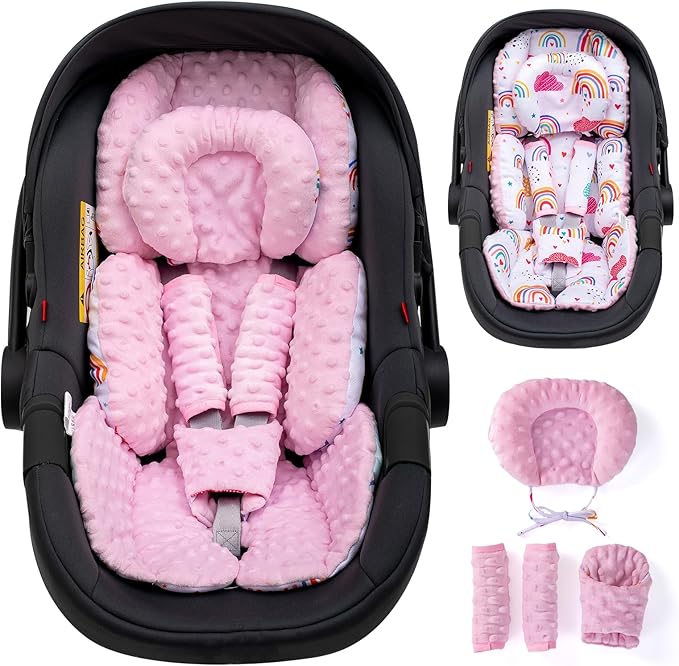 Infant Insert with Extra Headrest & Shoulder Pads, Baby Car Seat Head Neck Body Support, 2-in-1 Reversible Baby Car Seat Cuhsion for Girls Boys, Newborn Carseat Head Support for Stroller, Swing