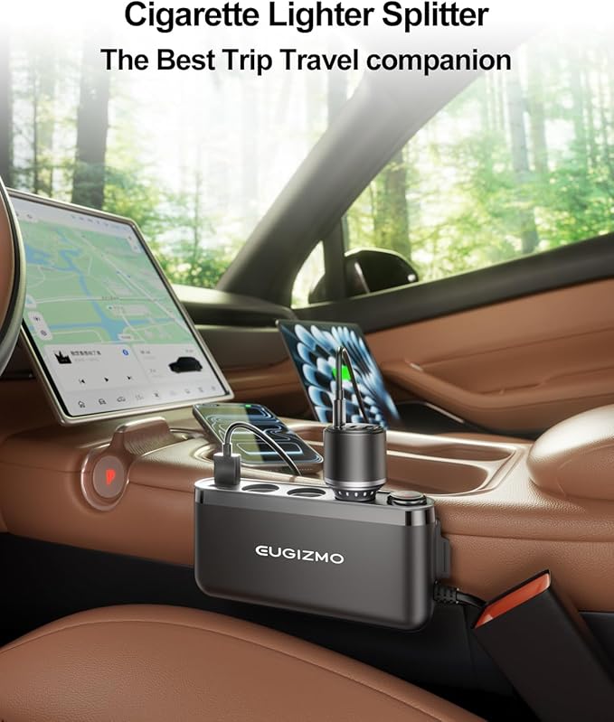 EUGIZMO USB Cigarette Lighter Adapter, 200W Car Cigarette Lighter Plug Splitter Adapter USB Charger Extension Cord 3 Socket Way 12V/24V Car Charger Adapte r Splitter Port for Plug Outlet