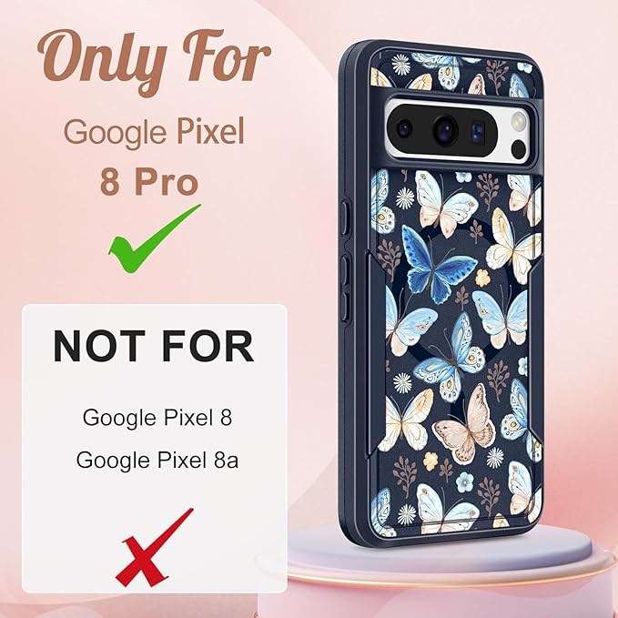 for Google Pixel 8 Pro Case - Compatible with MagSafe Women Girls Cute Magnetic Protective Cover Kawaii Girly Blue Butterfly Heavy Duty Shockproof Design for Google Pixel 8 Pro Phone Cases