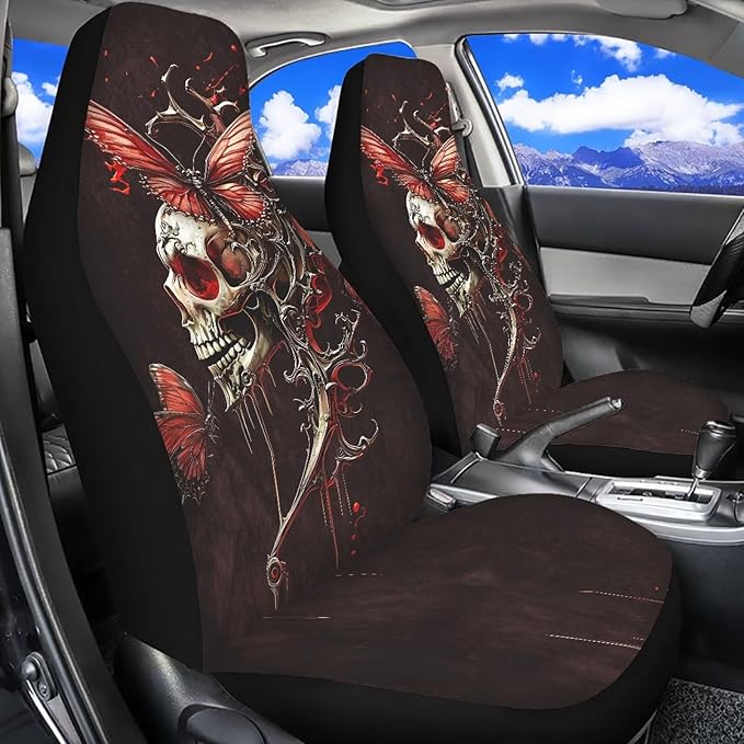 Skull Butterfly Car Seat Covers Comfortable Front Car Seat Covers Elastic Fabrics Cars Interior Automotive Easy Installation Universal Fit Most Cars,SUV, Trucks