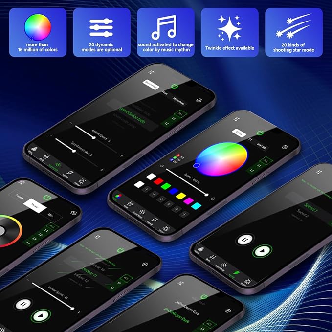 AMKI Updated 4Color Meteor Twinkle 36w Starlight Headliner Kits 900pcs 0.03in 9.8ft, 240pcs RGB Meteor Shooting Star Cable, 2 in 1 Fiber Optic Light Box RGBW Sound Activated Mode for Car& Home Decor