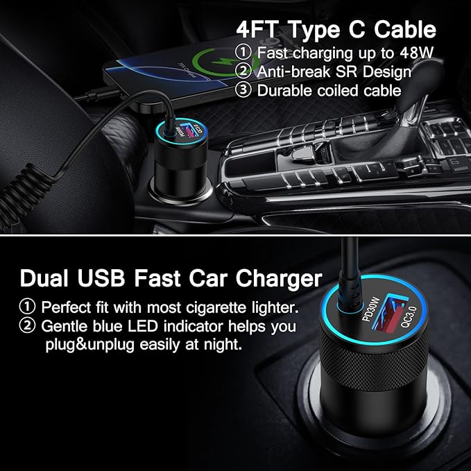 Type C Fast Car Charger for Galaxy A17/A56/A16/S26 Ultra/S26/S25 FE/S25/S24 Ultra/A15/A55/A54/A14 5G Pixel 10a 10 9 8 Pro iPhone 17 16e,QC3.0 18W Car Phone Charger Adapter PD30W USB C Coiled Cable 3FT