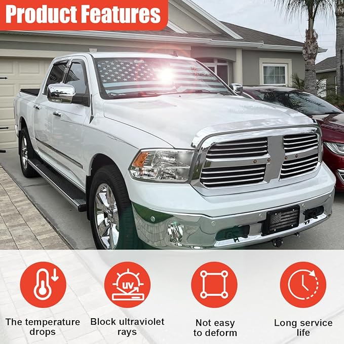 American Flag Car Windshield Sun Shade, Foldable Car Front Window Sunshade for Cars SUV Truck, Auto Interior Sun Protection Cover, Blocks UV Rays & Keeps Your Vehicle Cool (Black, XL)