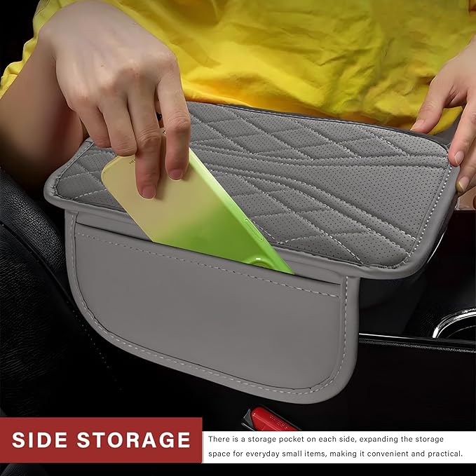 Car Center Console Cover, Leather Auto Armrest Cushion Pad with Two Storage Pockets, Waterproof Arm Rest Box Mat Protective Cover for Sedan SUV Truck, Car Accessories (Gray)