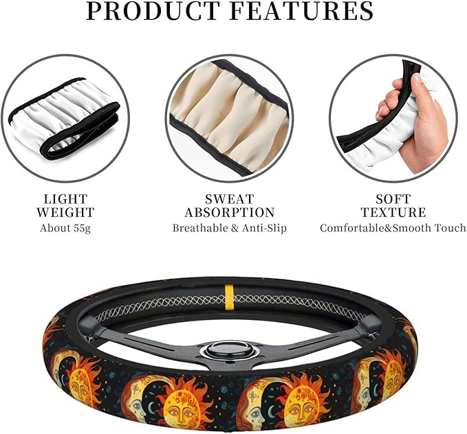 Boho Sun Moon Stars Steering Wheel Cover Women, Comfortable Elastic Steering Car Wheel Cover Fit 15 inches Universal Accessories Suvs Trucks Decor