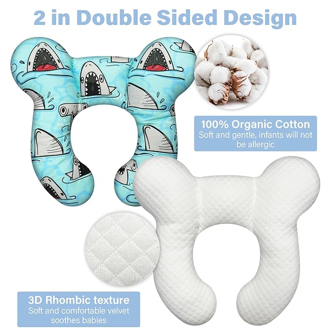 Baby Neck Pillows - Upgraded Toddler Travel Cushion for Toddler Head and Neck, Infant Neck Pillow for Car Plane Stroller Pushchair - Shark B