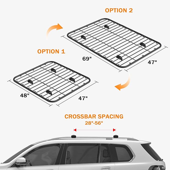 WILDROAD Car Roof Platform, Universal Roof Flat Rack 69" x 47" x 1.3" Heavy Duty Roof Rack Platform with Super Duty Bungee Cargo Net, Ratchet Straps and Anti-Rust Sealant Fits for SUV Truck Cars