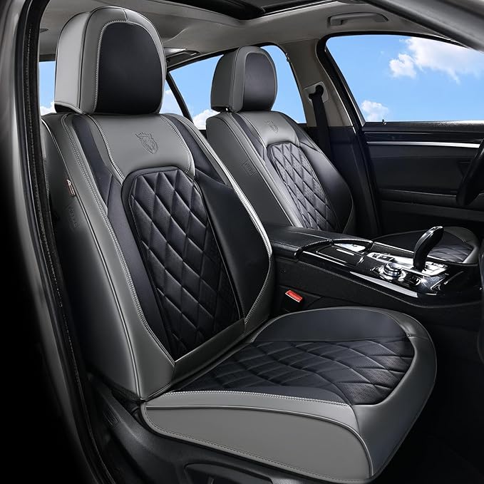 Coverado Seat Covers Full Set, Faux Leather Seat Covers for Car, Waterproof Car Seat Protectors 5 Seats, Automotive Seat Covers Universal Fit for Most Cars SUV Trucks- Gray&Black