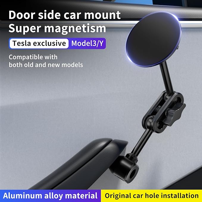 Magnetic Door-Mount Phone Holder for Tesla Model Y/3, Aluminum Alloy Construction, 4D Adjustable Car Mount with Super Magnetism, Original Hole Installation Compatible