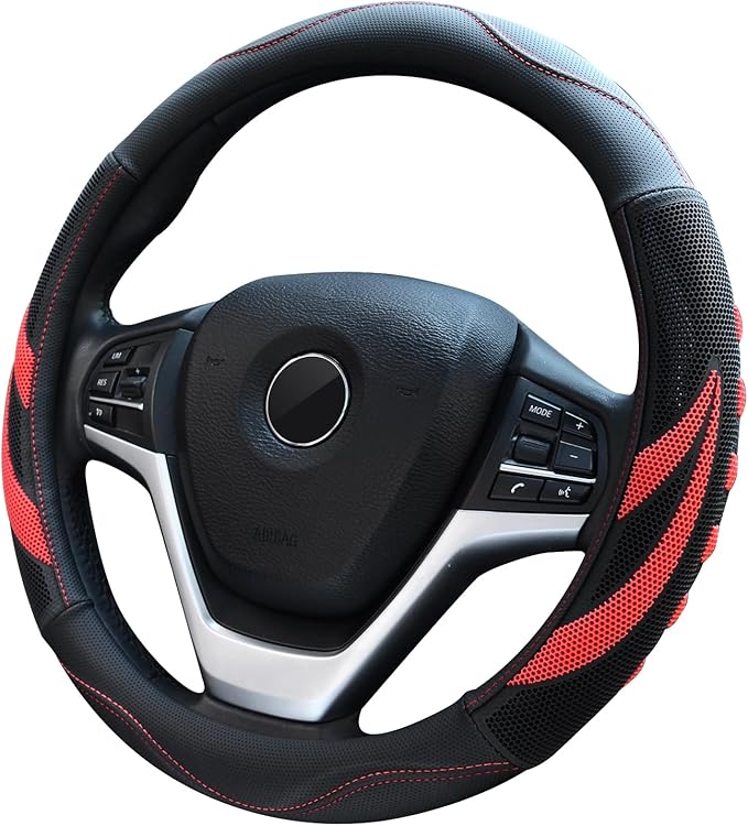 Alusbell Microfiber Leather Steering Wheel Cover Breathable Auto Car Steering Wheel Cover for Women and Men Universal 15 Inches Red