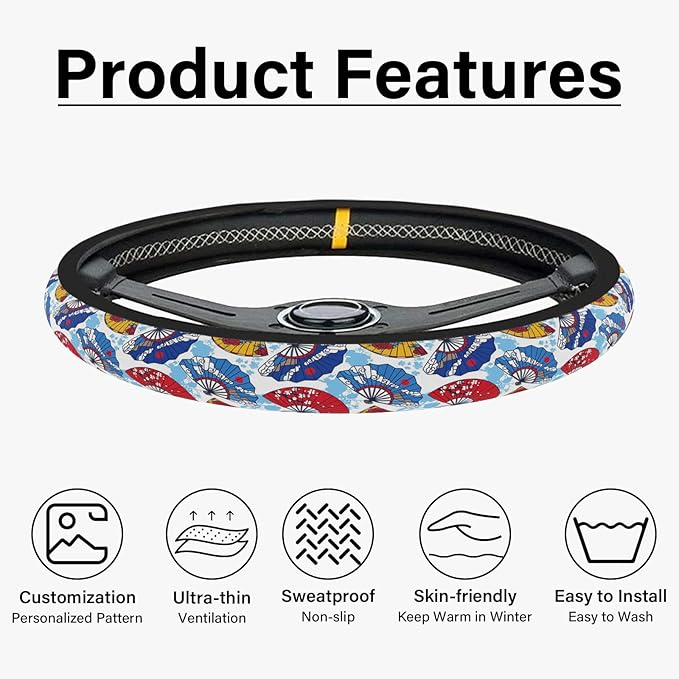 Yellow and Red Fan Steering Wheel Cover, Cute Print Steering Wheel Cover Protector, Ultra Thin Breathable Non-Slip, Car Accessories for Women, for Steering Wheel with a Diameter of 14.5"-15"