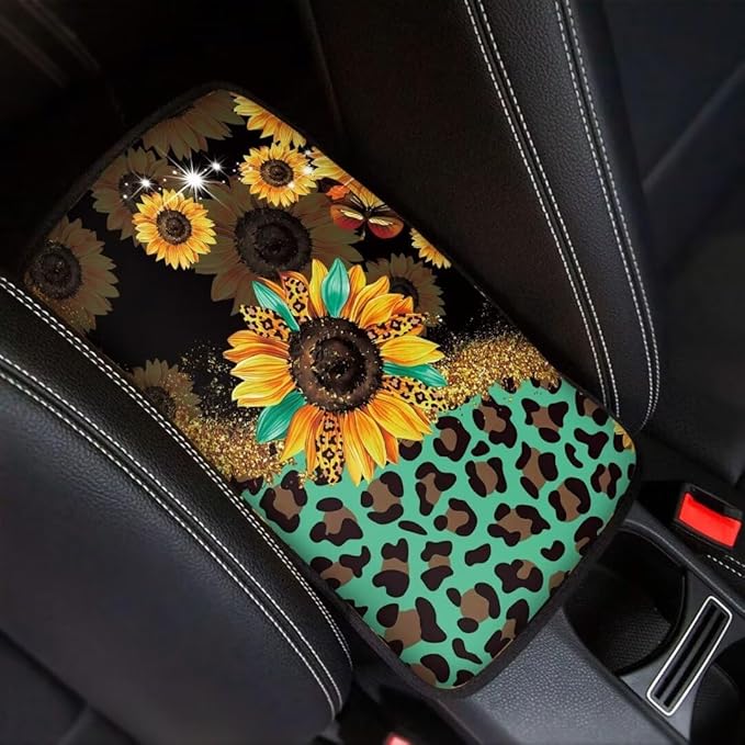 Coldinair Sunflower Universal Car Center Console Pad Leopard Print Soft Armrest Protector Cover Fit for Most Vehicle,SUV,Truck,Car Interior Accessories Decor