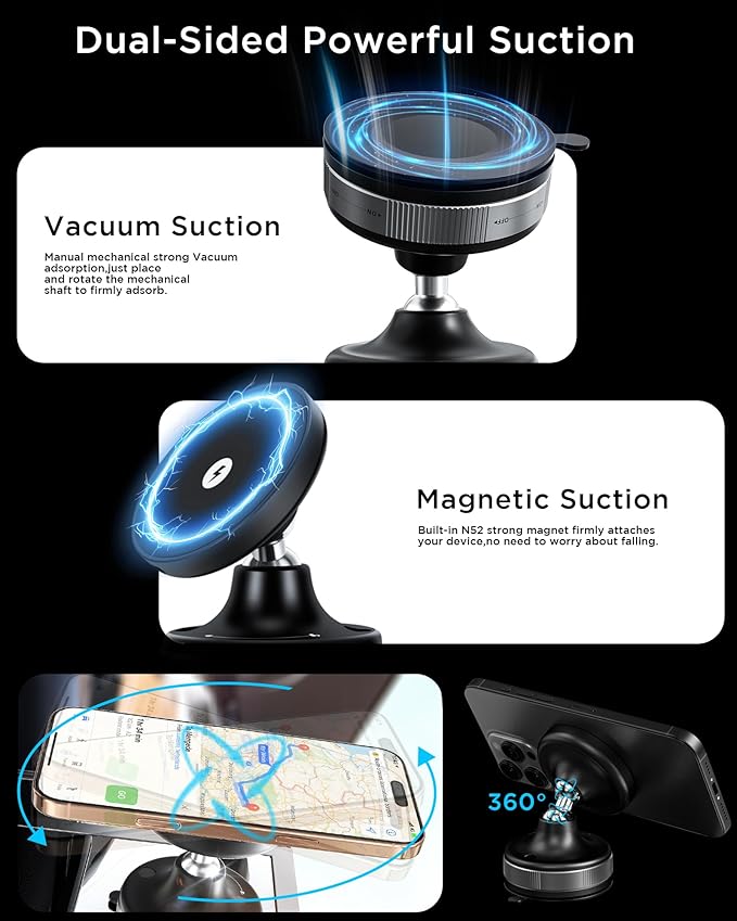 Upgraded for iPhone 17 Vacuum Magnetic Car Phone Holder,360° Adjustable Suction Cup Phone Mount, Mag-Safe car Mount 15W Wireless Charger Stand for Car, Makeup/Gym/Mirror, iPhone 16 15 14 13 12 Series