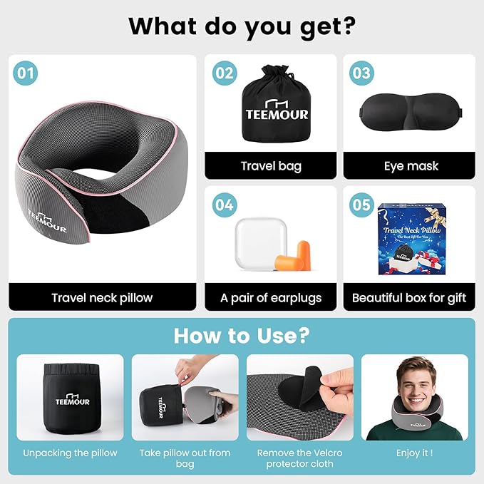 Teemour Travel Neck Pillow Airplane- Upgraded Memory Foam Neck Pillow for Airplanes 360° Support Desing, with Eye Mask & Earplugs, Portable Carry Bag for Long Flights, Business Trip|Travel Essentials