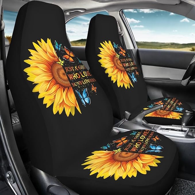 BIGCARJOB Sunflower Print Car Seat Cover Set for Front Seat Only,Sunshine Sunflower Auto Front Seat Protector Full Set Butterfly Car Interior Accessories,Universal Fit