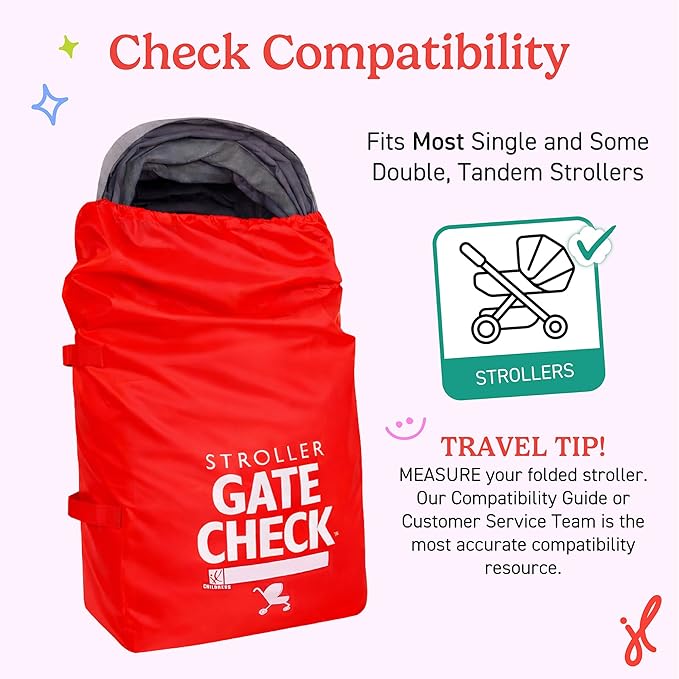 J.L. Childress Gate Check Bag for Single & Some Double Strollers - Travel Bag for Airplane, Fits Most Standard Baby Strollers, Airport Accessories for Gate Check, Flying Essentials - Red