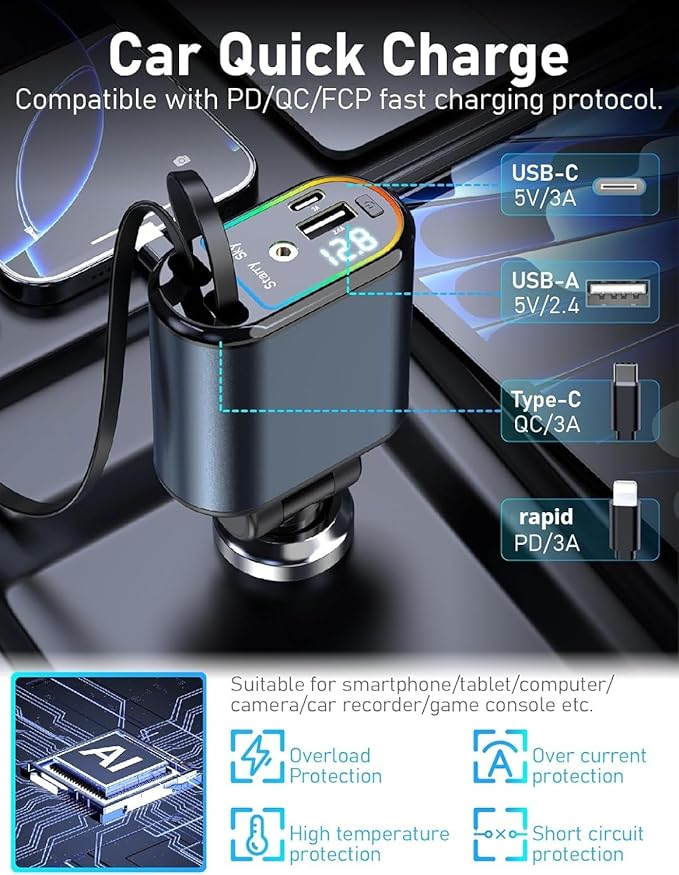 Starlight Retractable Car Charger, Max 120W 4 in 1 Car Accessories with Starlight, Retractable Fast Car Phone Charger with 2 USB Ports for Phones/Tablets/Car Recorders, 31.5inch (Grey)
