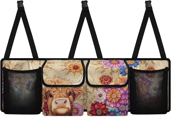Cute Highland Cow Backseat Trunk Organizer for Car Boho Mandala Flowers Auto Hanging Seat Back Storage Bag Car Back Seat Organizer