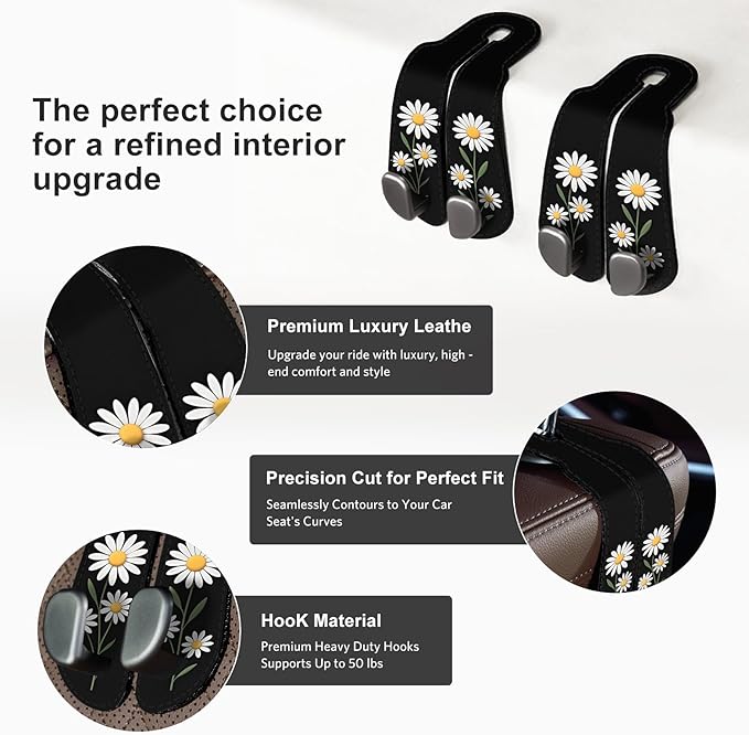 CoBak Purse Hook for Car - Universal Premium Stitched Leather and Aluminum-Magnesium Alloy Double Car Seat Back Storage Hook for Purses, Handbags, Bags (2 Pack),Daisy