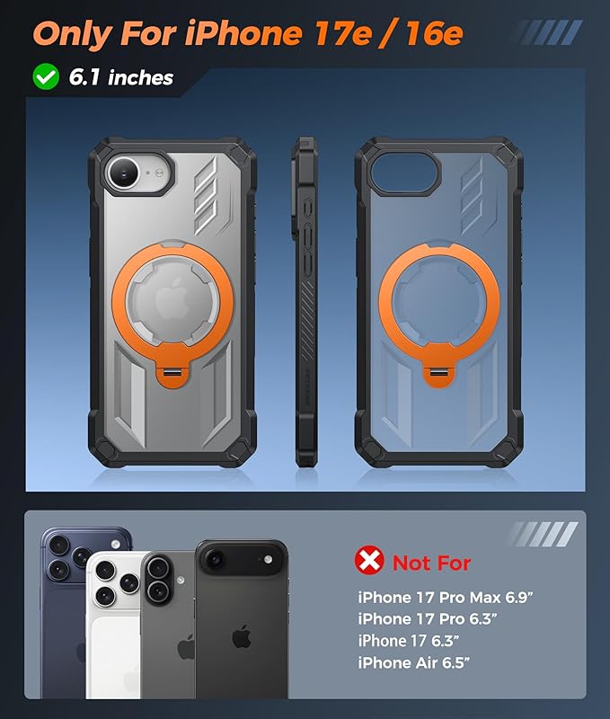FNTCASE for iPhone 17e Phone Case: for iPhone 16e Case with [360 Spin Magnetic Ring Kickstand] [Compatible for MagSafe] [Screen Protector] Heavy Duty Military Grade Protection Case Translucent Orange