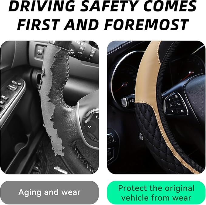 Bling Car Steering Wheel Cover, Diamond Leather Crystal Rhinestones Vehicles Steering Wheel Protector, Sparkling Anti-Slip Automotive Interior Decoration Accessories, Universal Fit (Beige)