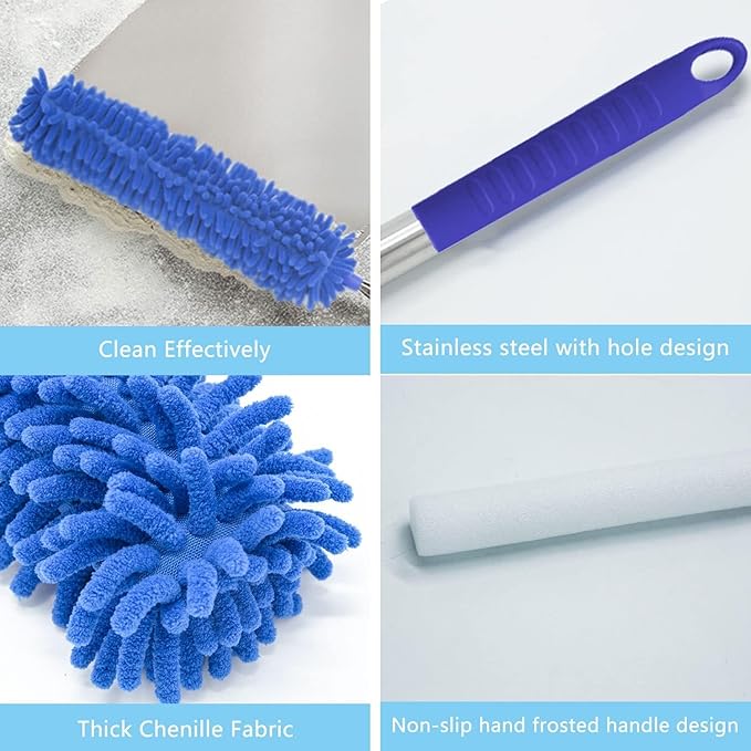 Buysenton Cobweb Duster with Extension Pole, Washable Cleaning Duster Kit with 3 Duster Heads, Cobweb Duster, Corner Brush, 15-100 Inch Long Aluminum Telescoping Pole for Ceiling Fan (Blue)