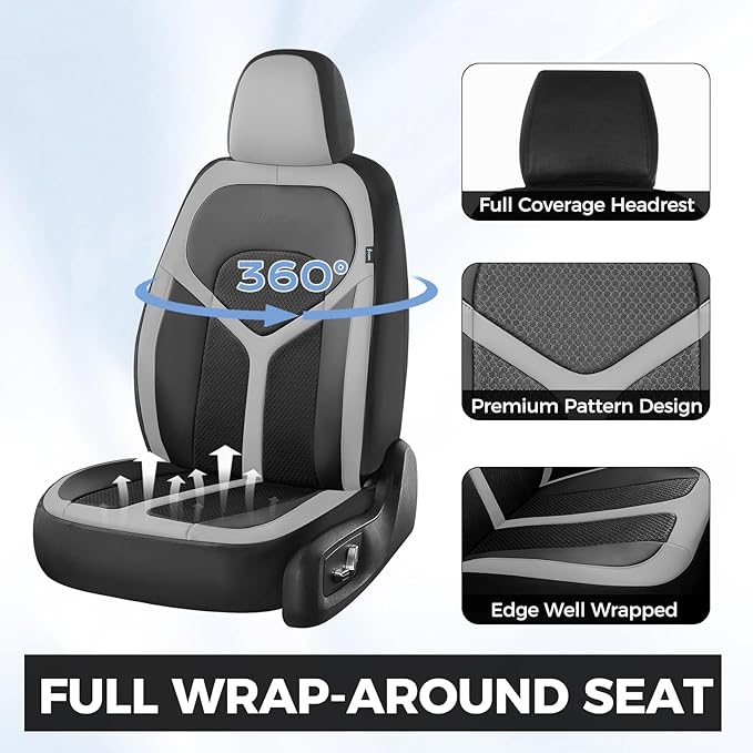 FLORICH Car Seat Covers Front Seat, Universal Seat Cover 2 Seats, Automotive Seat Covers with Mesh Leather, Waterproof Car Seat Protector, Breathable Car Seat Cushion for Most Car SUV Truck, Gray
