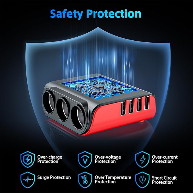 7 in 1 Cigarette Lighter Splitter, SONRU 3 Sockets Cigarette Lighter Splitter with 4 Fast Charging USB Ports, 120W 12V/24V DC Independent Power Switches & LED Voltage Display for All Car Devices