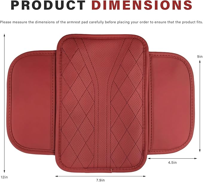 Car Center Console Cover, Leather Auto Armrest Cushion Pad with Two Storage Pockets, Waterproof Arm Rest Box Mat Protective Cover for Sedan SUV Truck, Car Accessories (Red)