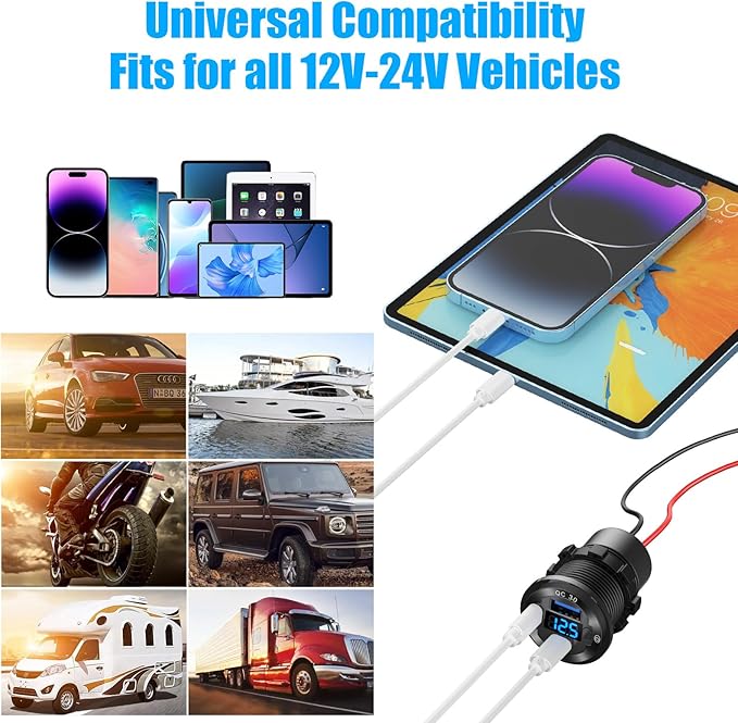 2 Pack 12V USB Outlet 3 Port Car Charger Socket, 78W Dual PD USB C 30W and Quick Charge3.0 Port Aluminum Charger Waterproof with Voltmeter and Button Switch for Boat Marine Motorcycle RV Truck, etc